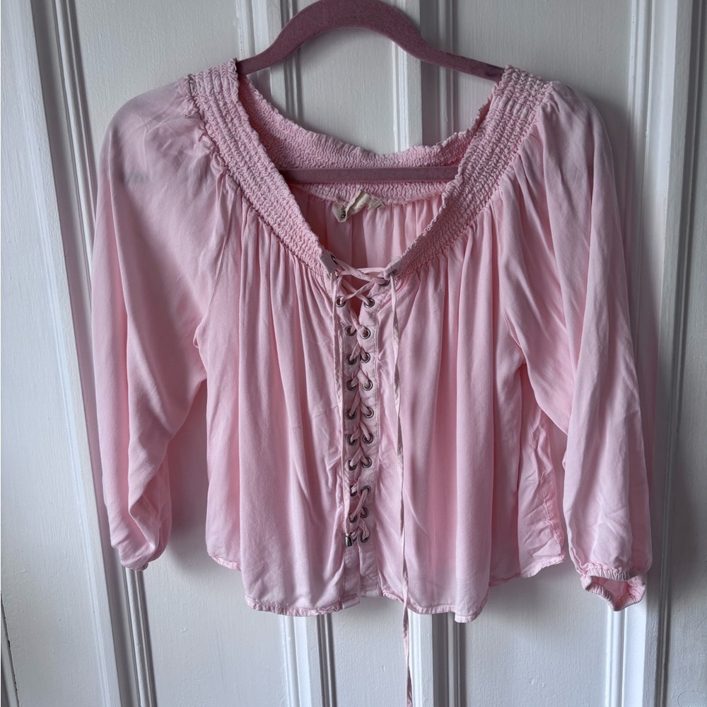 Women’s Harlow Long Sleeve Blush Pink Cropped Lace Up Front Blouse Size Medium